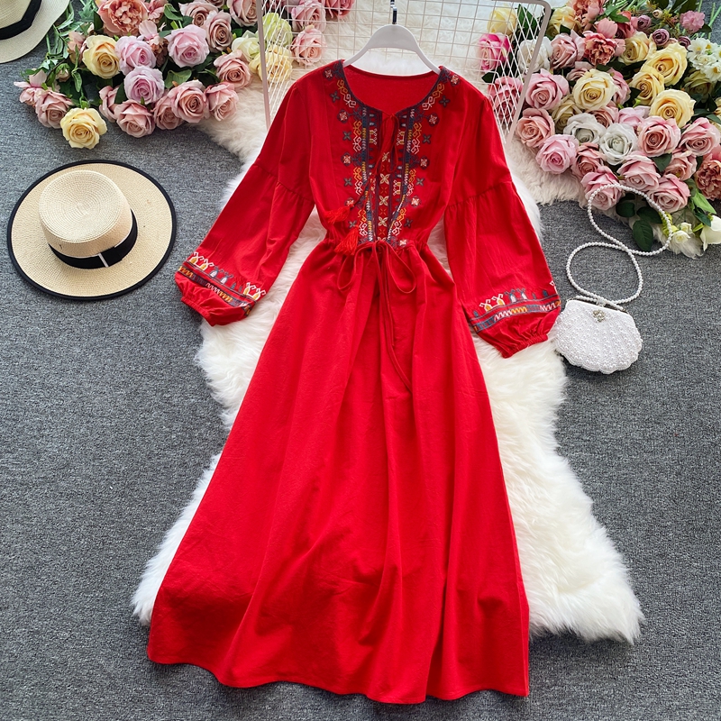 Boho Fashion 2021 Women Long Sleeve Bandage Bress Vintage Floral Embroidery Summer Beach Long Vestidos alx