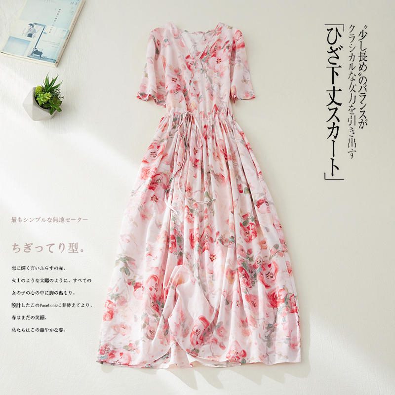 2022 New Thin Light Soft Cotton Linen Cozy Loose Women Casual Midi Summer Dress Print Floral Draw String Office Lady Work Dress alx