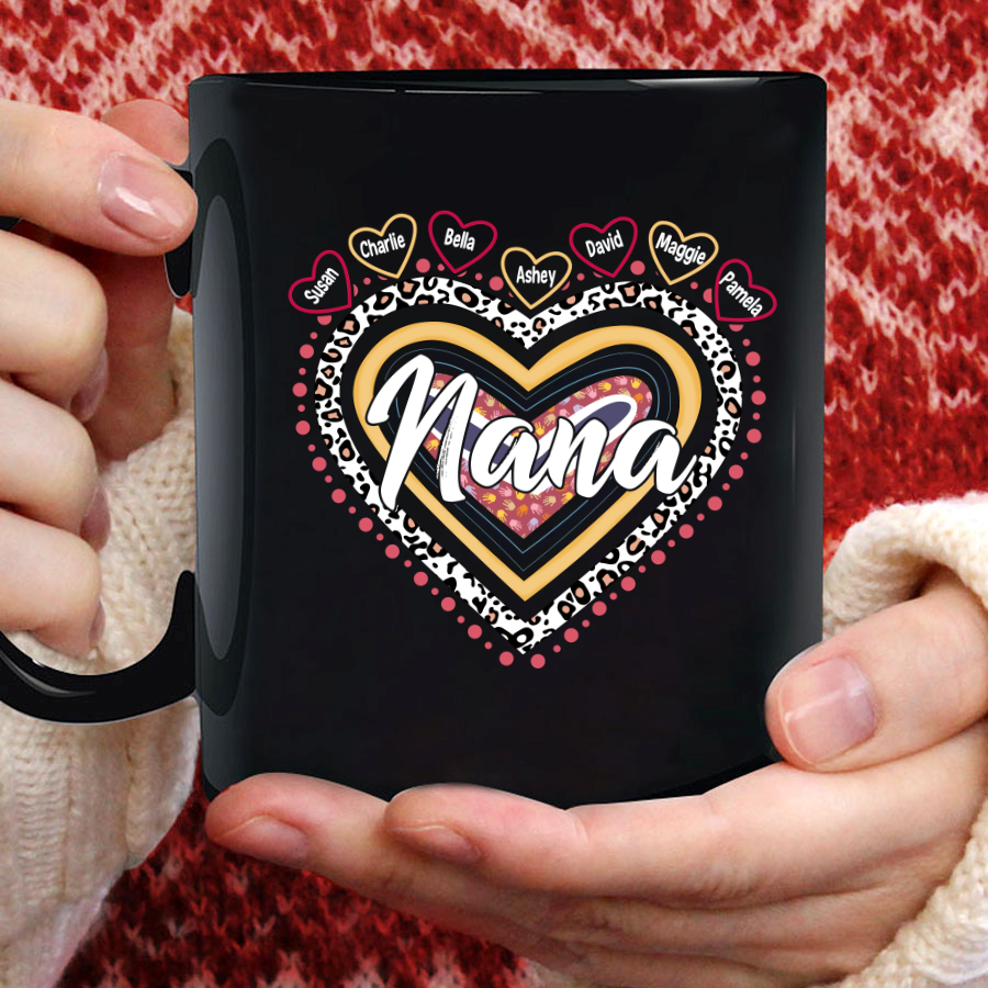 Nana With Grandkids Rainbow Leopard Heart Personalized Mug