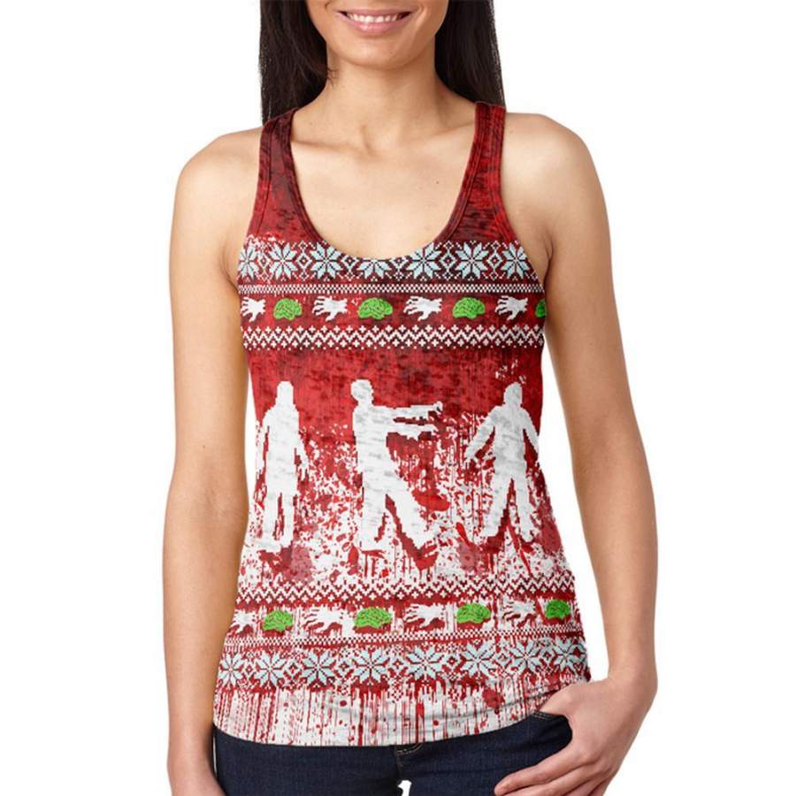 Ugly Christmas Sweater Bloody Zombie Attack Survivor Juniors Burnout Racerback Tank Top