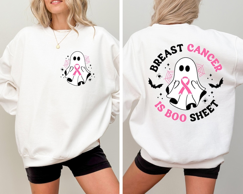 Breast Cancer Is Boo Sheet Sweatshirt, Back On My Boo-Shit T Shirt, Ghost Ribbon Breast Cancer Awareness Shirt, Cancer Halloween Gift Shirt