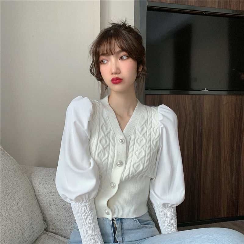 Sweater Cardigan Women Elegant Ins Schoolgirls All-match Spring New Crop Knitting Korean Style Puff Sleeve Simple Casual Slim alx