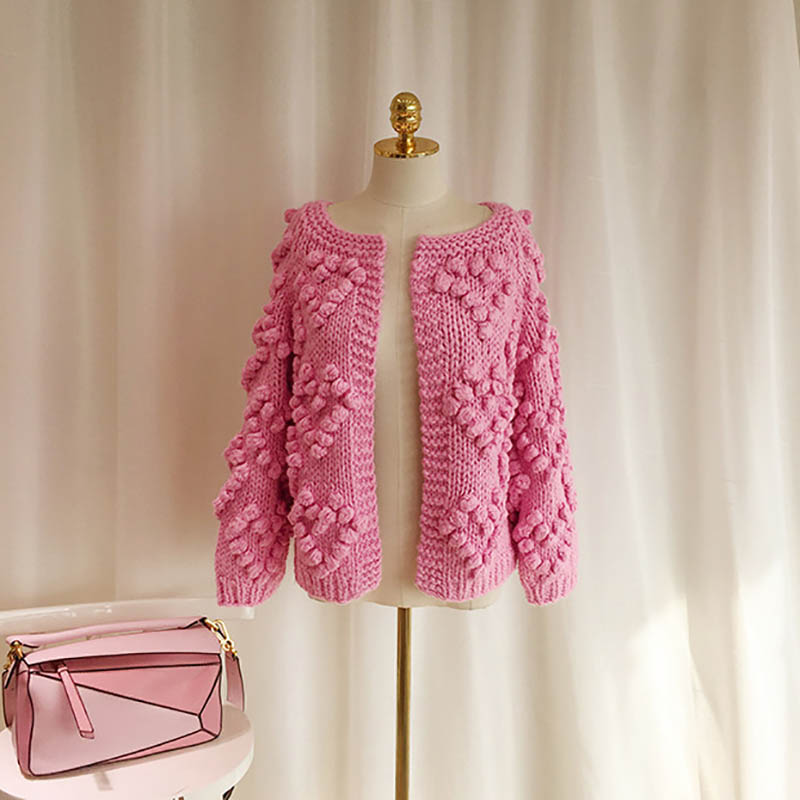 Autumn Winter Women Casual Sweater Hairball Knitted Cardigan O-neck Long Sleeve Pink Cardigan Cute Sweaters alx