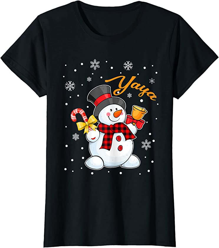 Womens Grandma Yaya Snowman Candy Cane Christmas Red Plaid T-Shirt