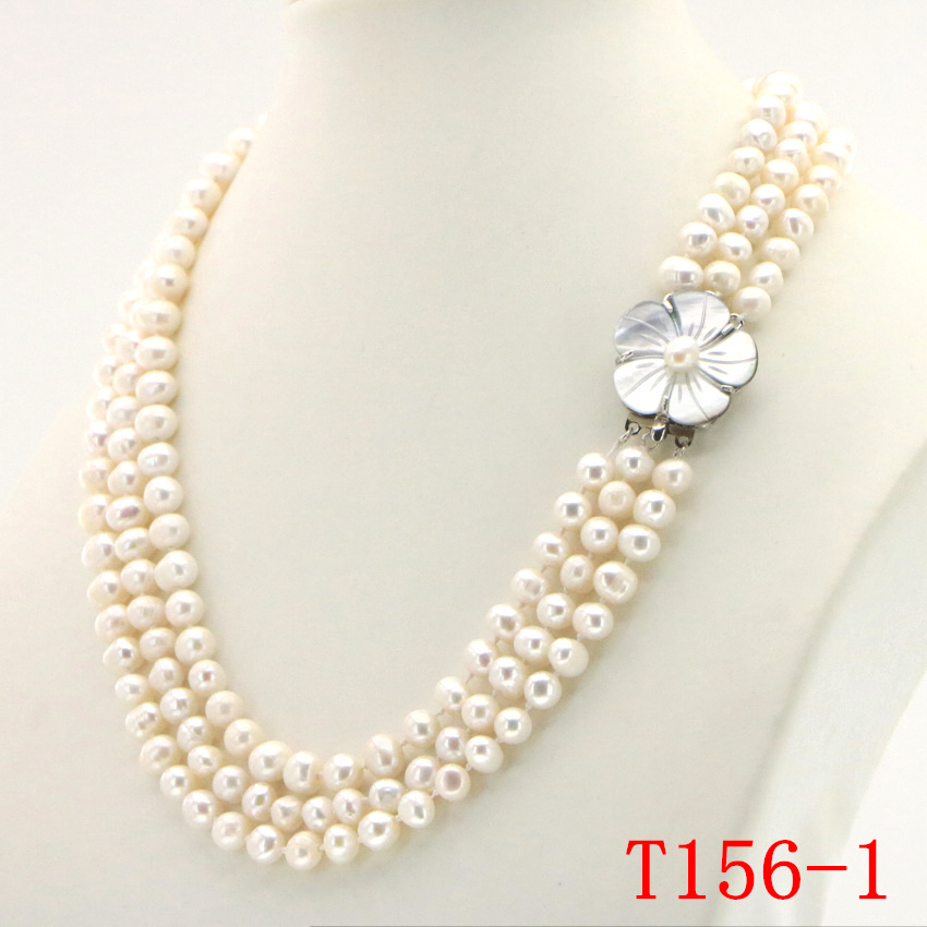 WUBIANLU 3 Row 7-8mm White Freshwater Pearl Necklace Chain Floral Buttons Jewelery Women Girl Banquet 17-19 InchFashion Charming alx