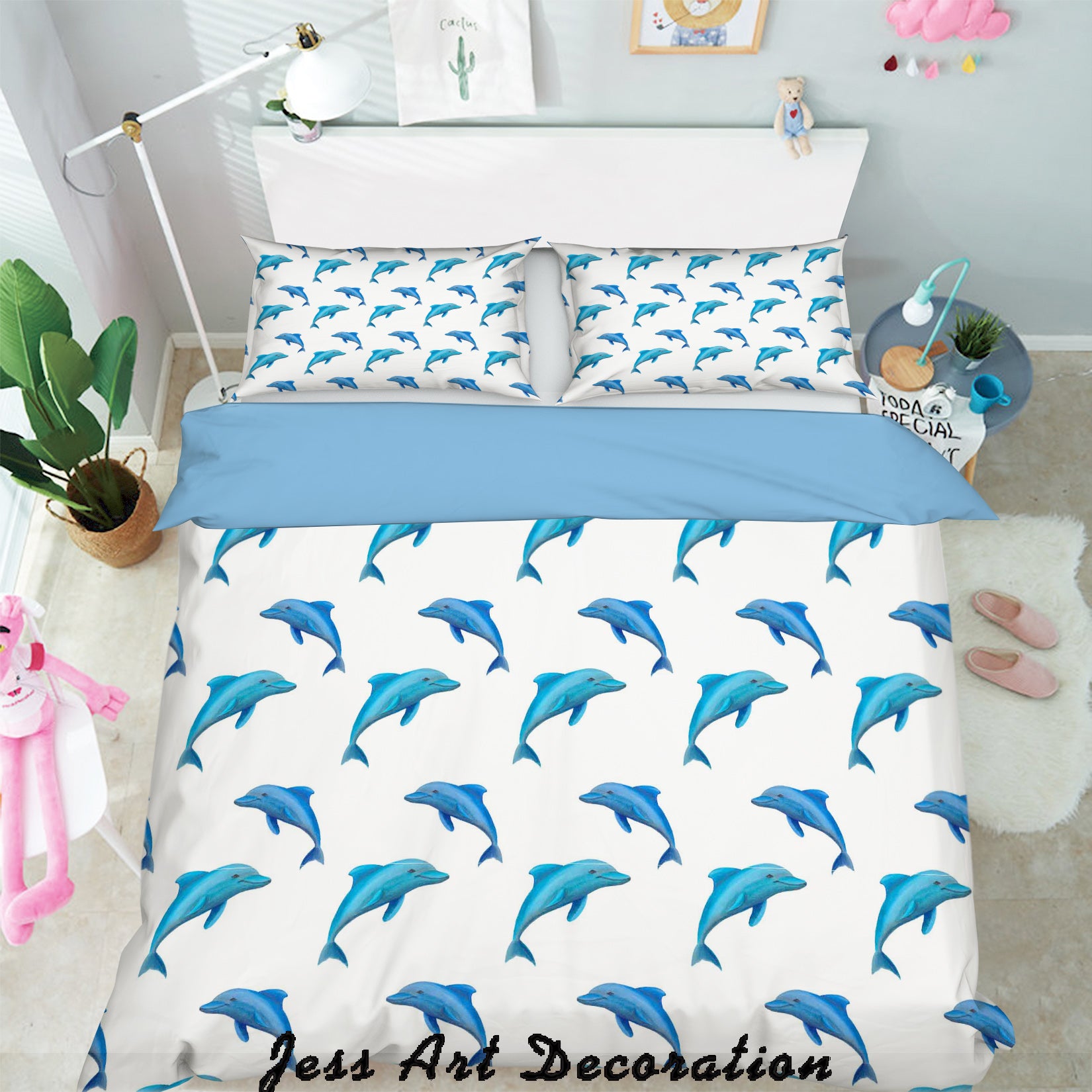 3D Blue Cartoon Dolphin Pattern Quilt Cover Set Bedding Set Pillowcases 384