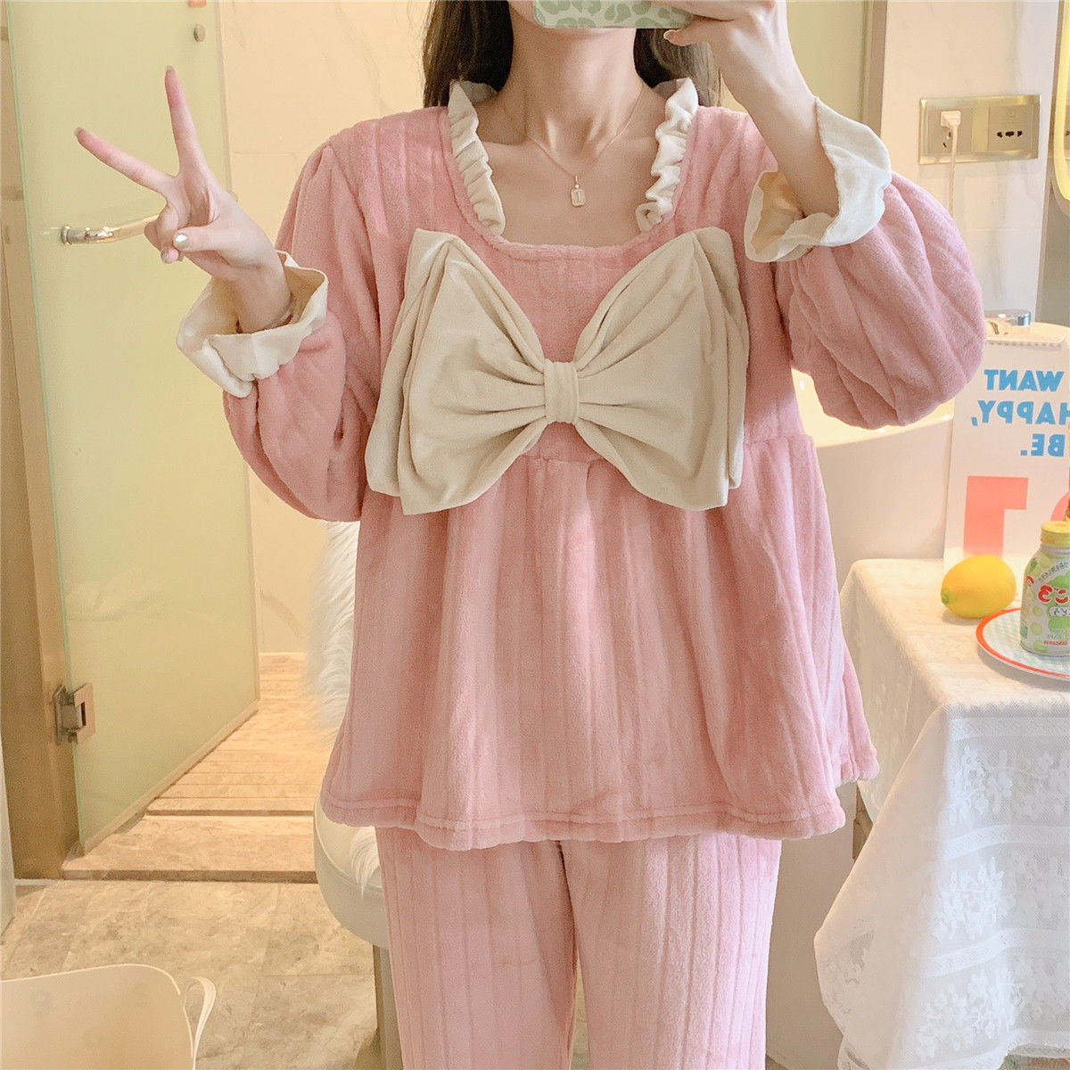 Women Pajama Sets Sweet Bow Long Sleeve Flannel Sleepwear Square Collar Tops Winter Warm Thick Loungewear Princess Pyjamas 2 Pcs alx