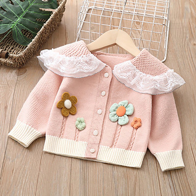 Spring Autumn Girls’ Knitted Sweater Children’s Cardigan Lapel Lace Flowers Baby Girl Knit Jacket Kids Coat alx