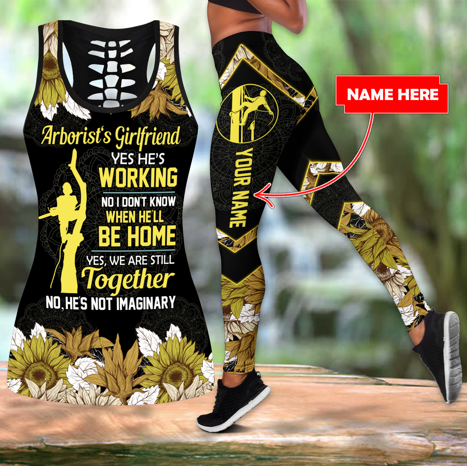 Arborist’s girlfriend yellow hollow tank & leggings combo custom name