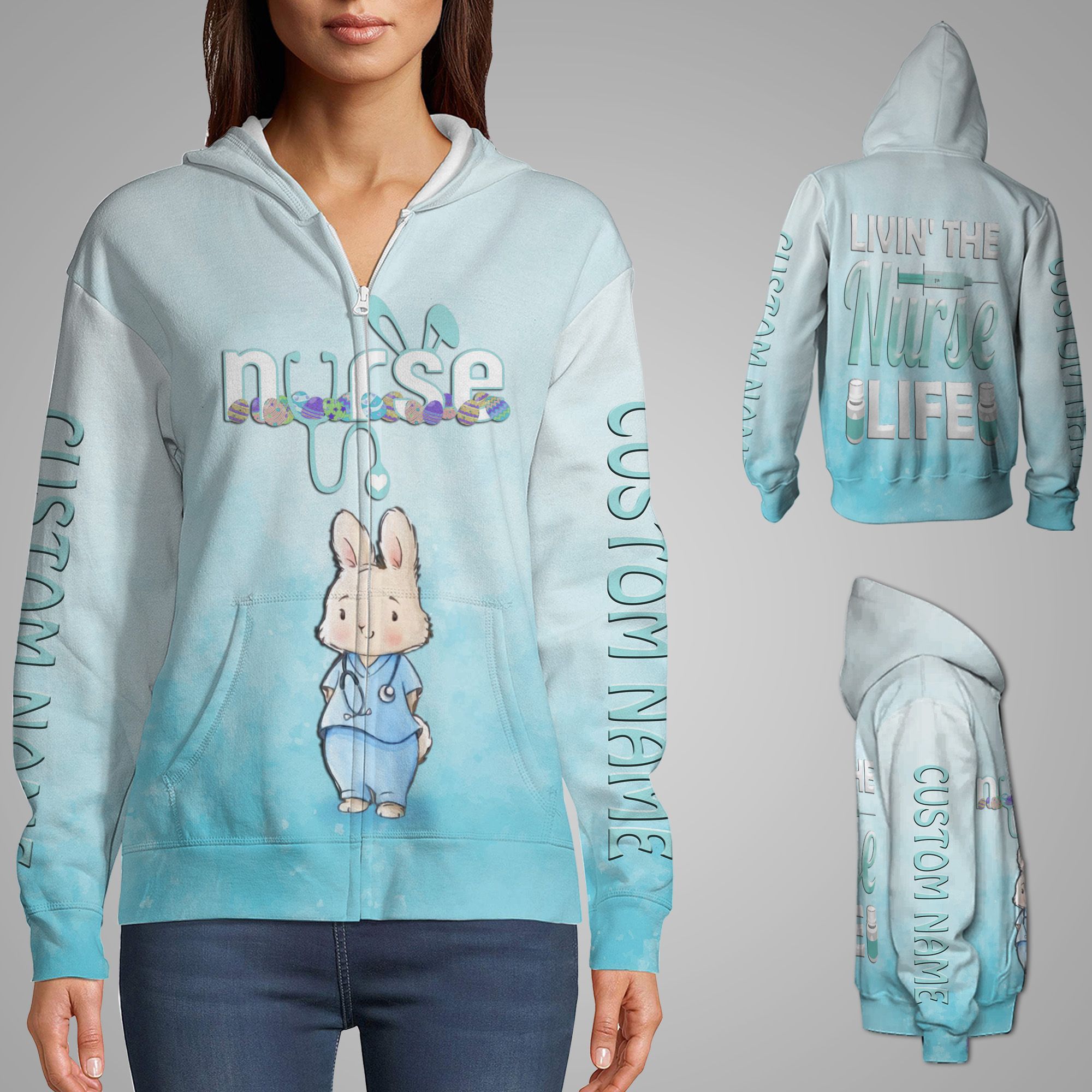 Livin’ The Nurse Life Rabbit Custom Name 3D Zip Hoodie Shirt For Nurses On Easter Day