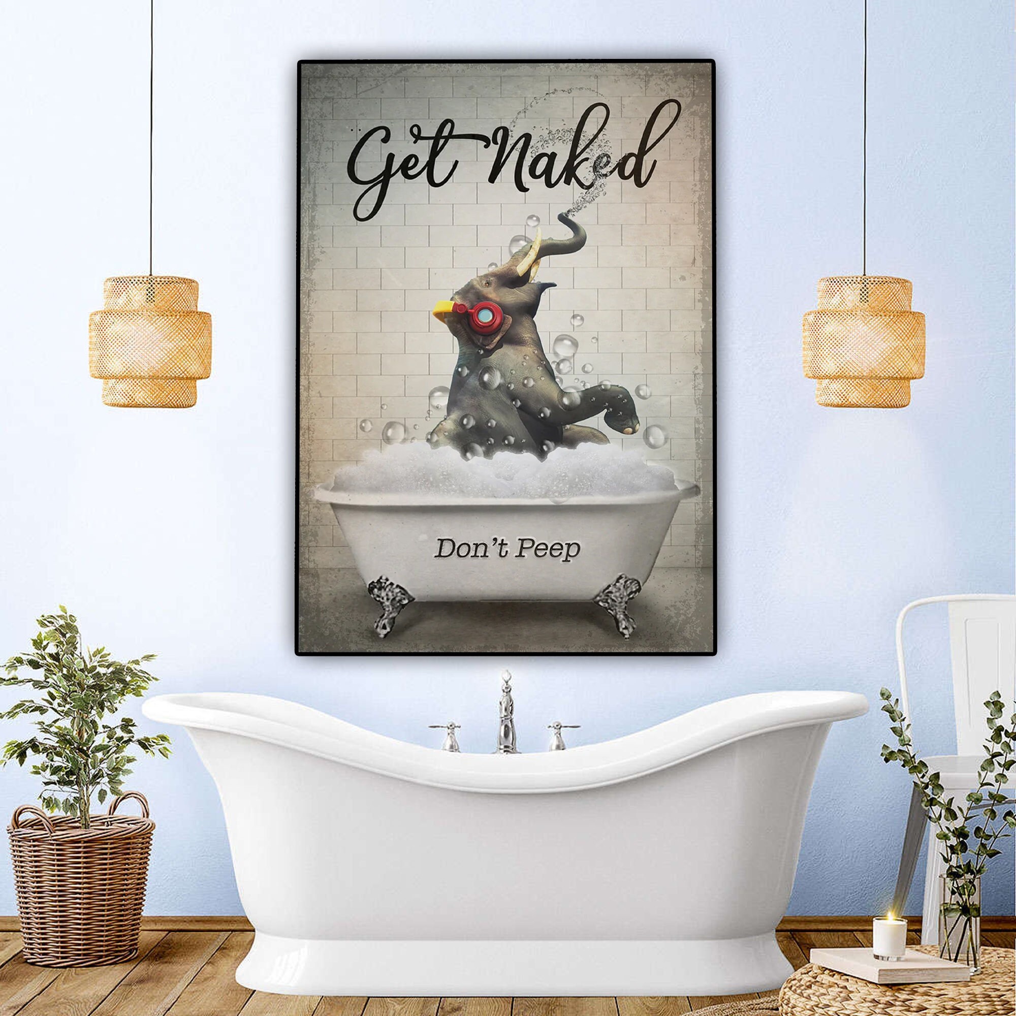 Get Naked Elephant Bathroom Poster, Funny Elephant Bath Soap Sign, Bathroom Decor