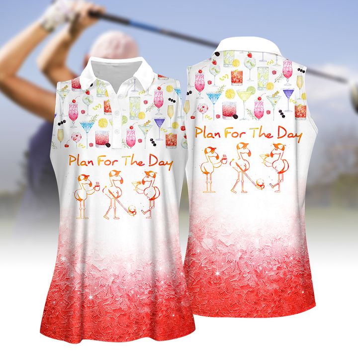 Plan For The Day Drink Cocktail Flamingo Women Golf Apparels, Women Short Sleeve Polo Shirt, Sleeveless Polo Shirt