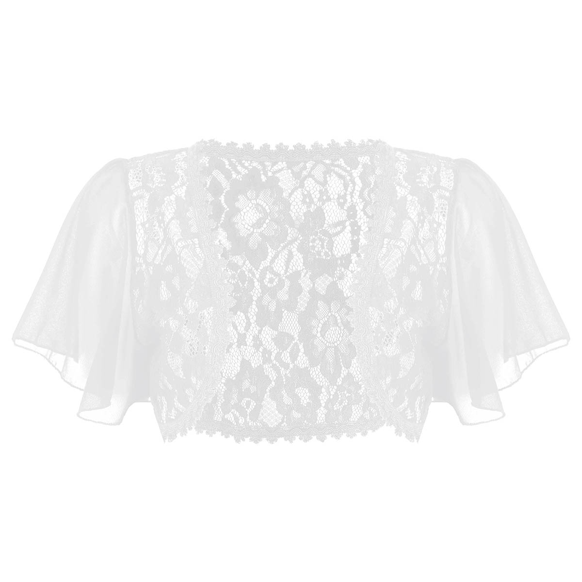 Women Chiffon Short Sleeve Floral Lace Sheer Top Front Short Cardigan Jacket Wedding Party Coat Short Bolero Fashion Casual Top alx