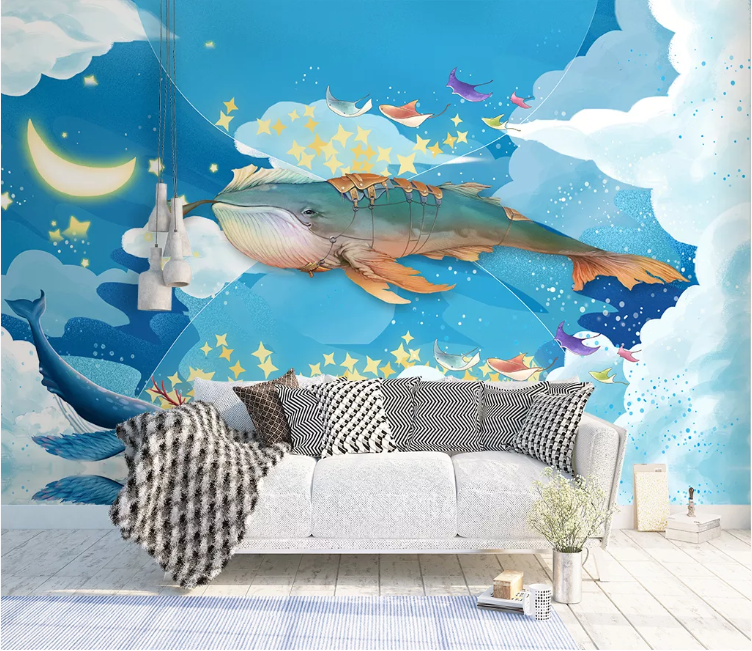 3D Blue Shark Moon Star Wall Mural Wallpaper 2275