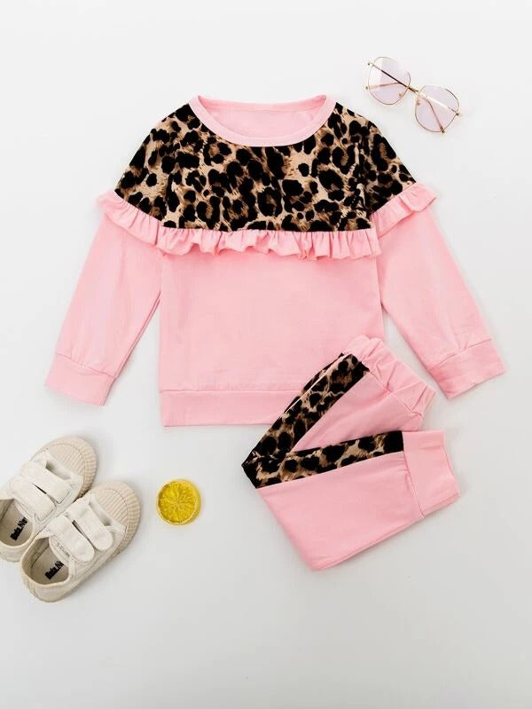 Toddler Girls Leopard Print Frill Trim Sweatshirt With Pants