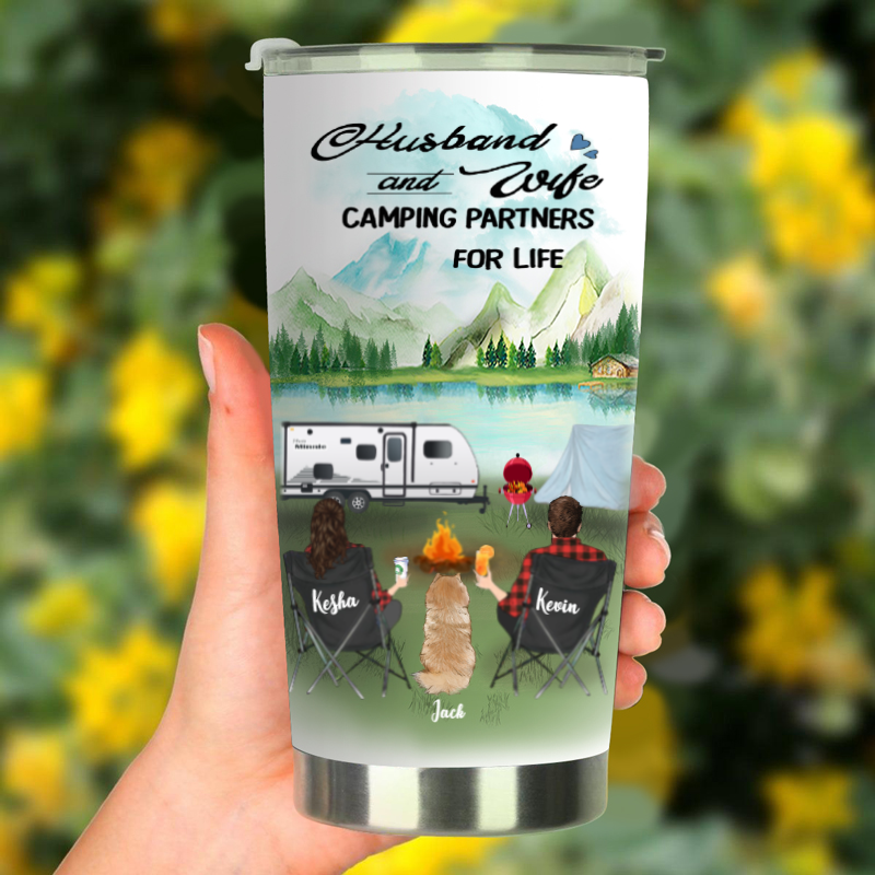 Custom Dog & Owners Camping Tumbler – Personalized Gift for Dog Lovers, Camping Couple – Couple & 1 Dog – Husband and Wife Camping Partners For Life
