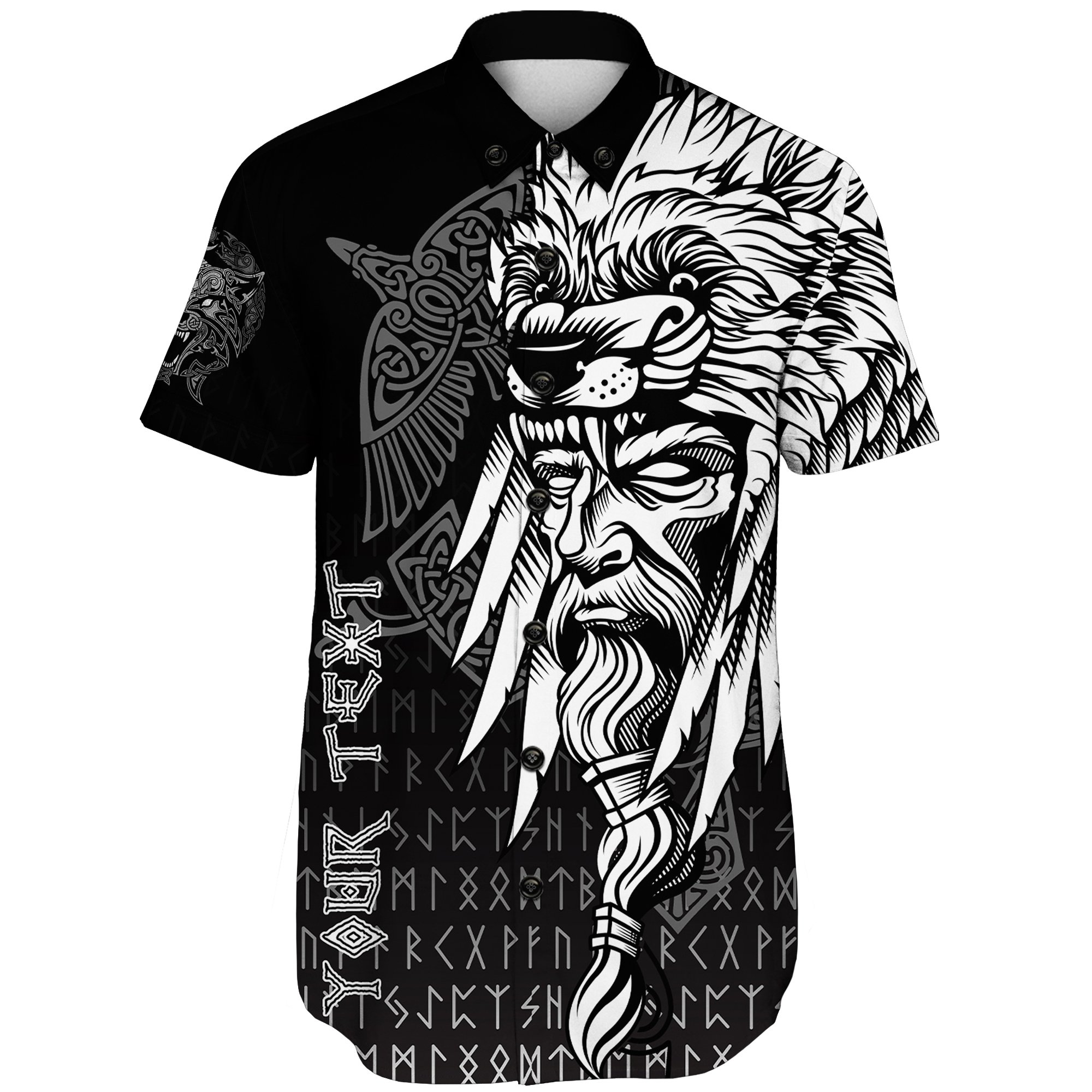 (Custom) Viking Short Sleeve Shirt Odin Raven and Fenrir on Hand A27