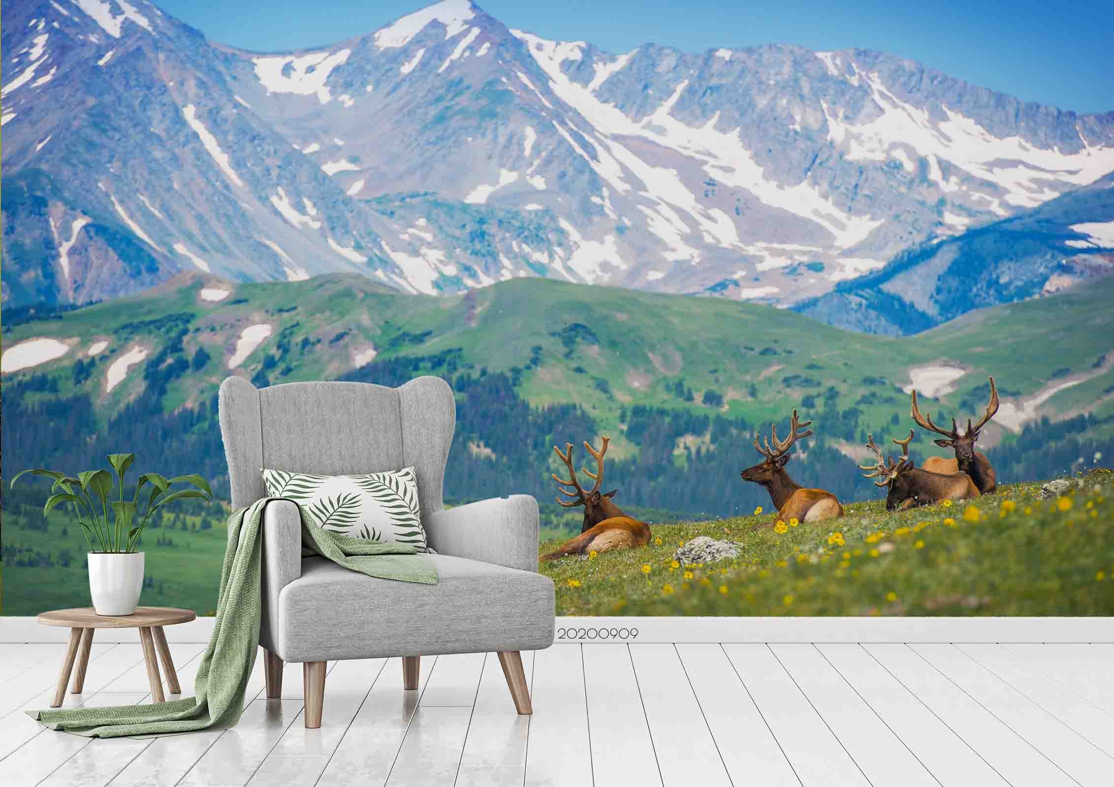 3D Ice Mountain Green Grassland Buck Animal Wall Mural Wallpaper Lxl