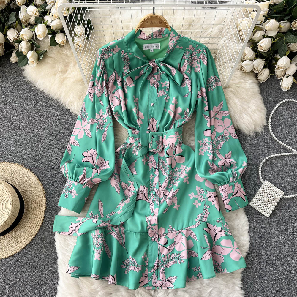 Spring Vintage Green Print Dress Elegant Women Bow Neck Single Breasted Ruffle Mini Dress 2022 Female Clothing 2022 Vestidos alx