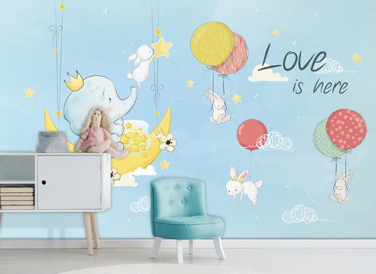 3D Hand Drawn Animal Elephant Balloon Wall Mural Wallpaper Lqh 521