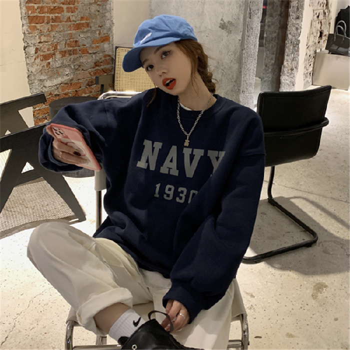 Women Sweatshirts Printed Simple All-match Korean Style Round Neck Casual Hoodies Winter Thicken Cozy Loose Tops Teens Harajuku alx