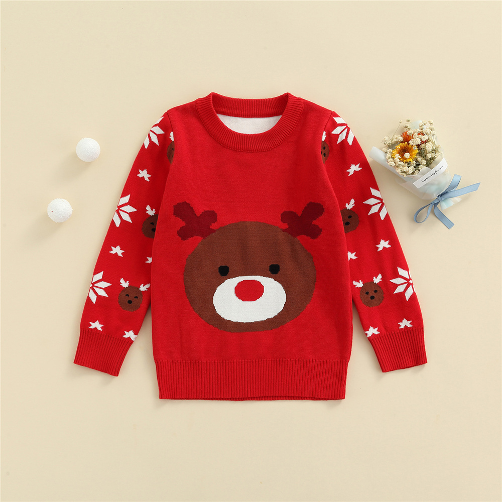 2021 Toddler Kids Antler Elk Print Christmas Sweater Casual Girls Boys Cartoon Long Sleeve Pullover Knitwear Red Green Top alx