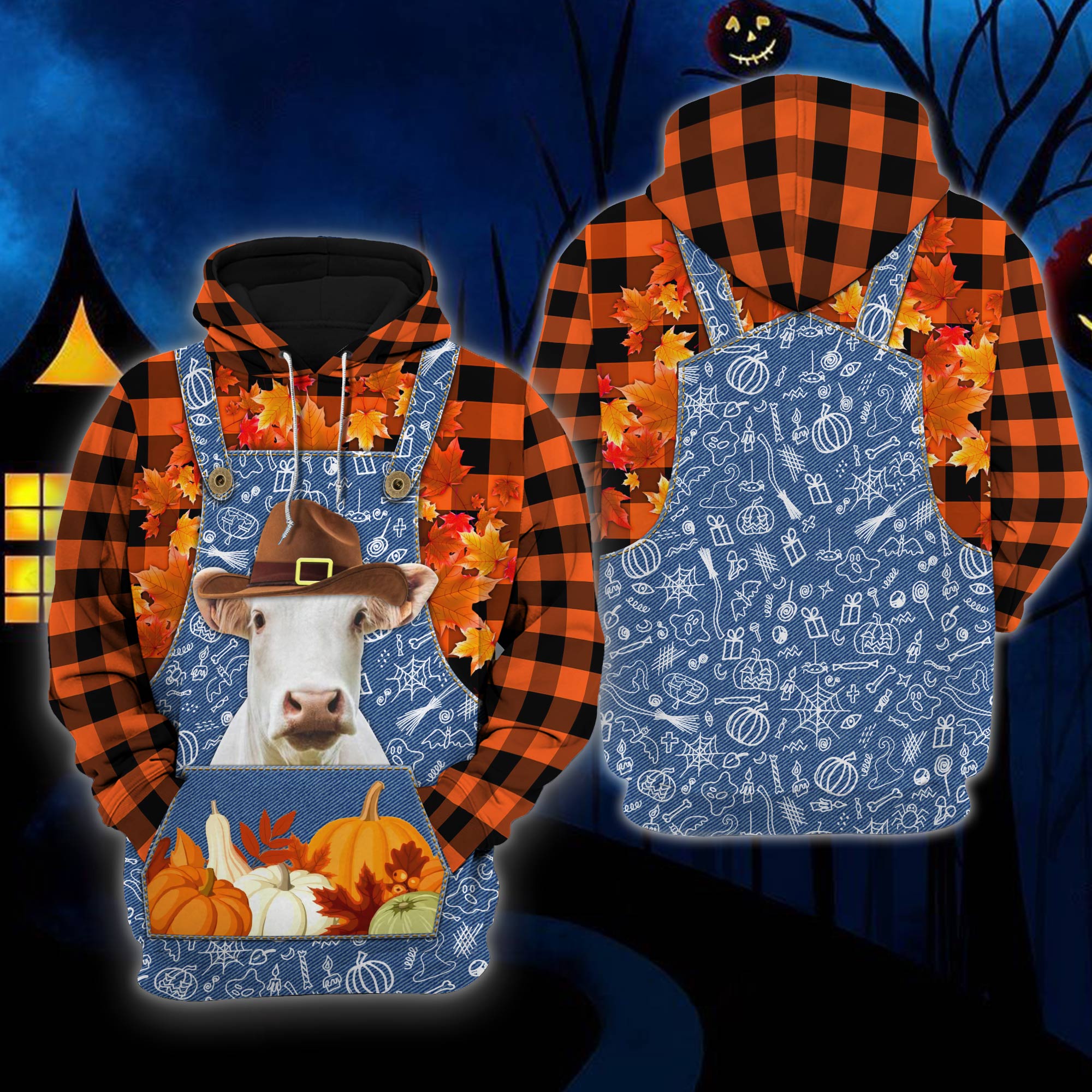 Cow Halloween Hoodies, Happy Halloween Charolais Orange Plaid All Printed 3D Unisex Hoodie