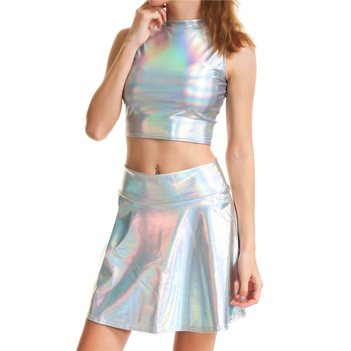 Women Holographic Strapless Tops Mini Skirts Two Piece Set Turtleneck Top Sexy Skirt 2 Pcs Set 2022 Summer Streetwear Suit-dress alx