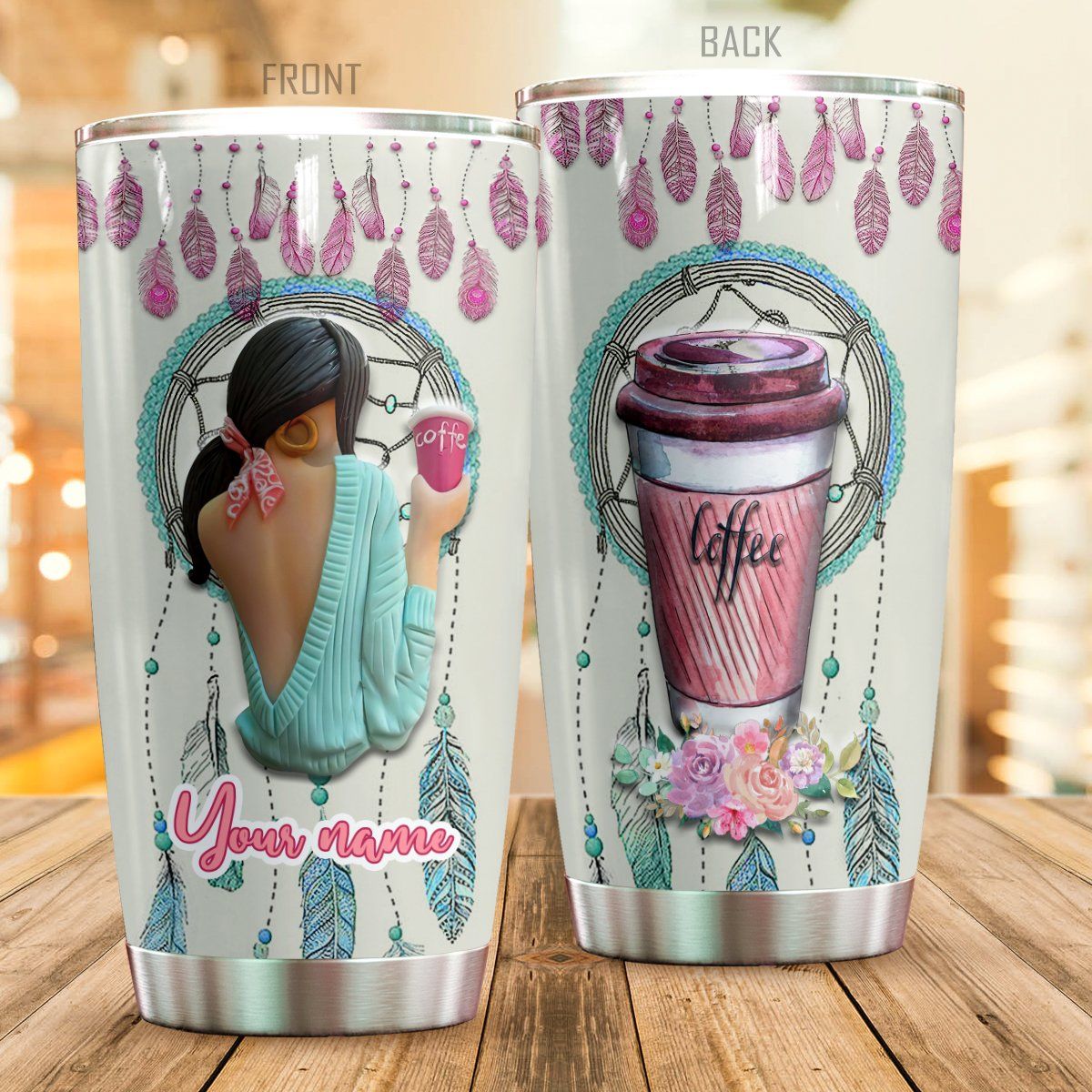 Personalized Coffee Black Lady Dream Catcher Stainless Steel Tumbler Perfect Gifts For Black Girl Lover Tumbler Cups For Coffee/Tea, Great Customized Gifts For Birthday Christmas Thanksgiving