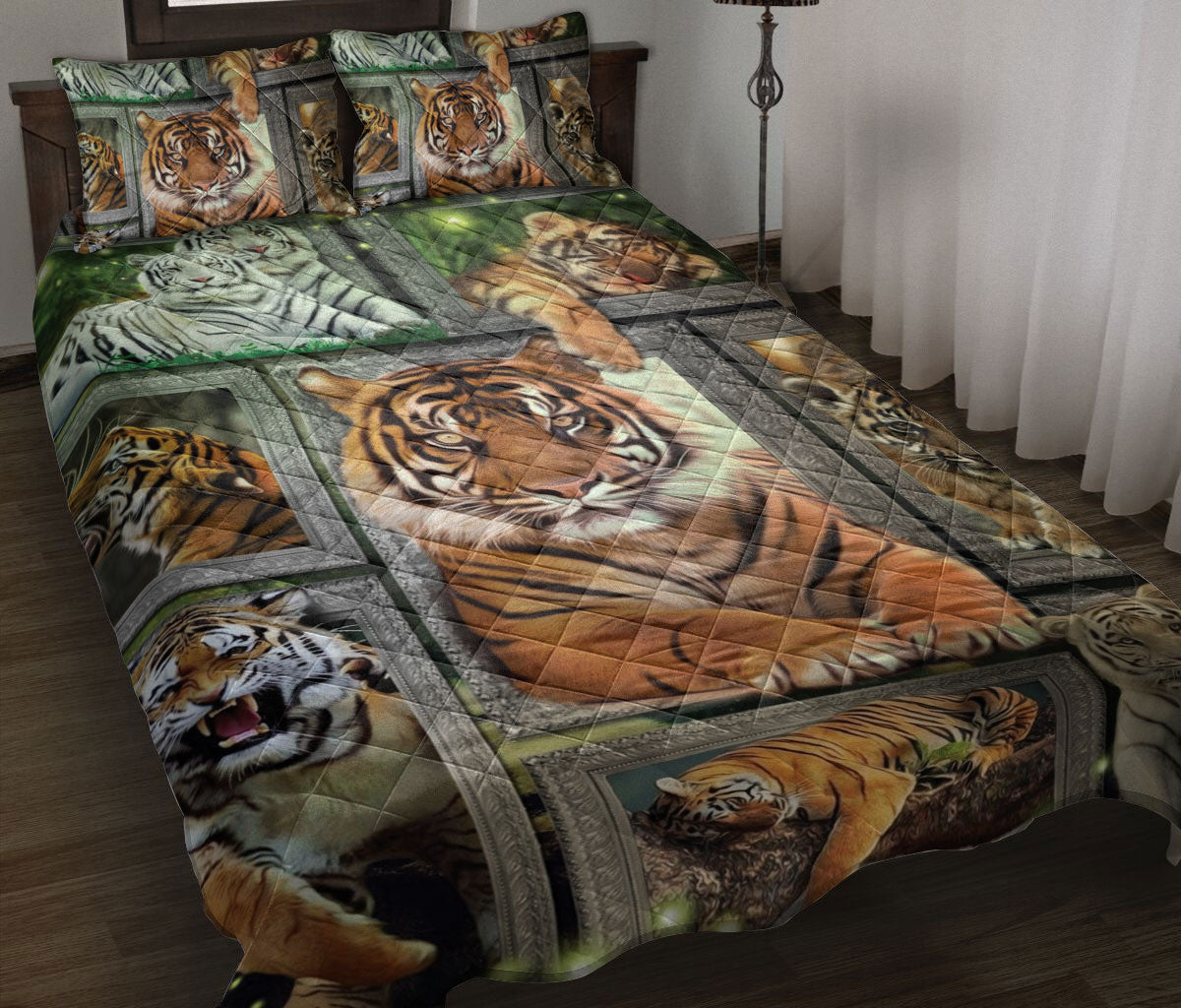 Tiger Quilt Set, Tiger Frame Patchwork Floralest Quilt Blanket With Pillowcases, Quilt Bedding Set