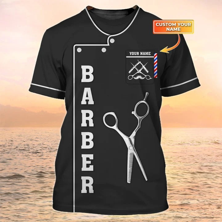 Custom 3D All Over Print Barber Black Shirt, Barber Logo Sublimation On Tshirt, Gift For Barber Shop