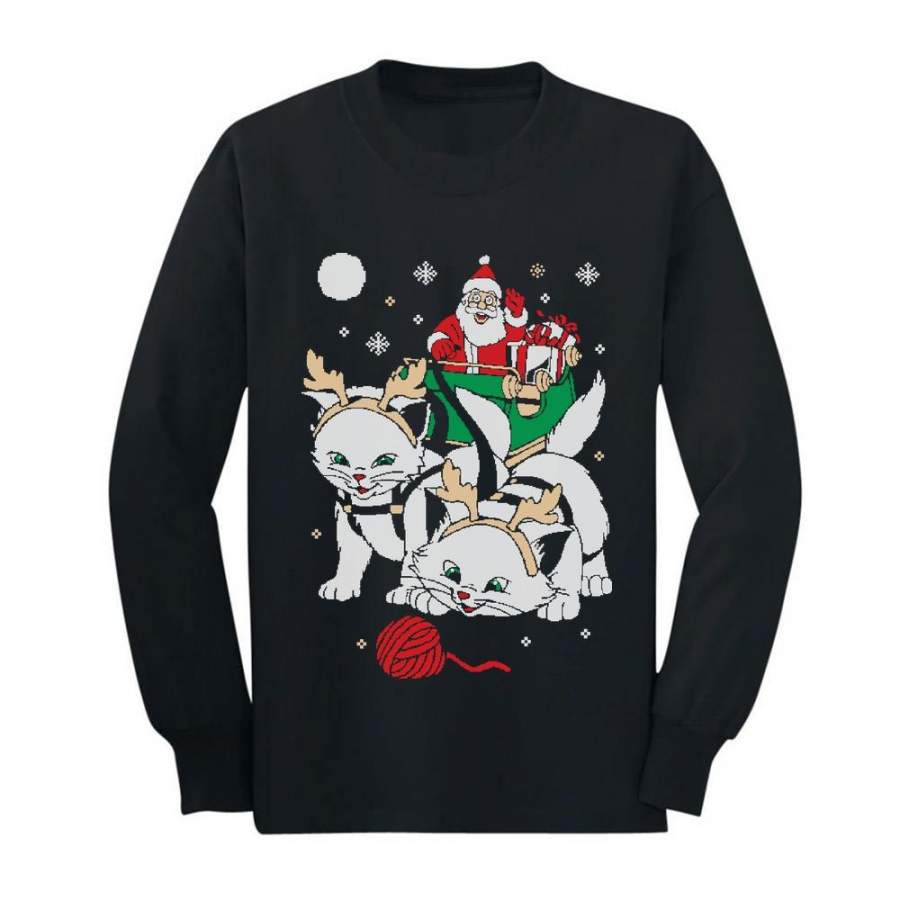 Cats Santa Ride Kittens Ugly Christmas Youth Kids Long Sleeve T-Shirt