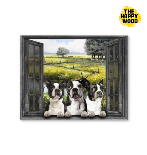 Boston Terrier Grassland Window Custom Horizontal Canvas Poster For Home Decoration