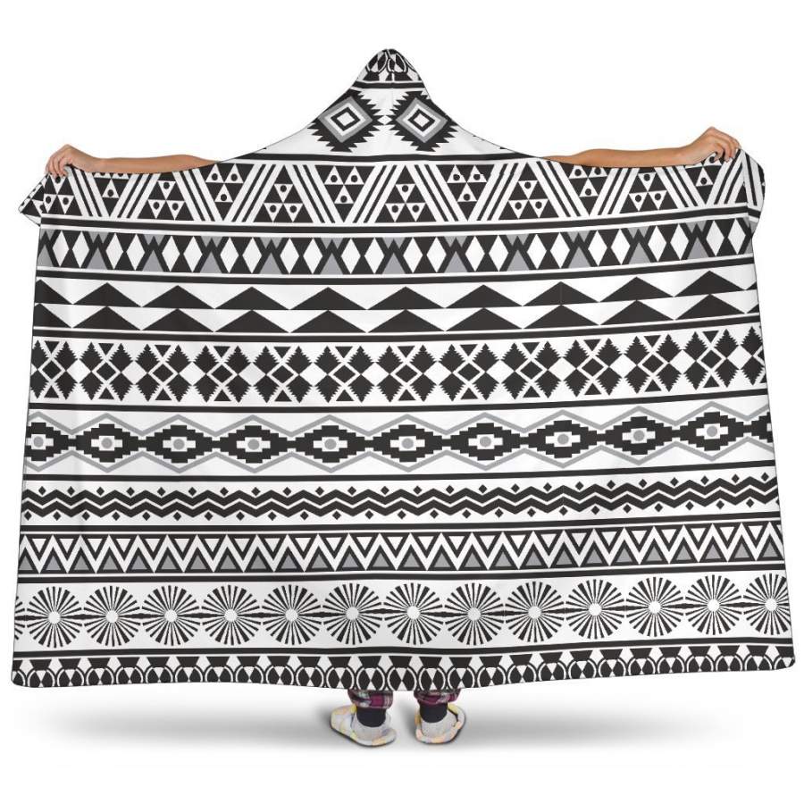 White And Grey Aztec Pattern Print Hooded Blanket