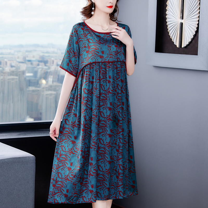 Summer New Printed Floral Natural Silk Midi Dress Women’s High Quality Elegant Loose Waist Dress 2022 Korean Style Retro Casual alx