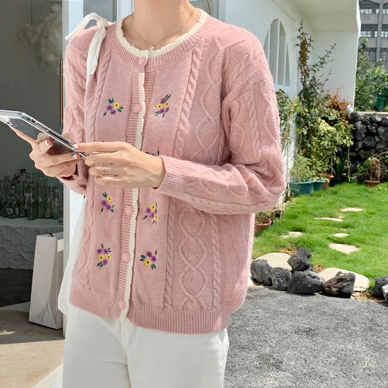 Vintage Flower Embroidery Cardigan Women Korean Style Button-up Loose Sweater Coat Autumn Long Sleeve Knitted Jacket Female Tops alx