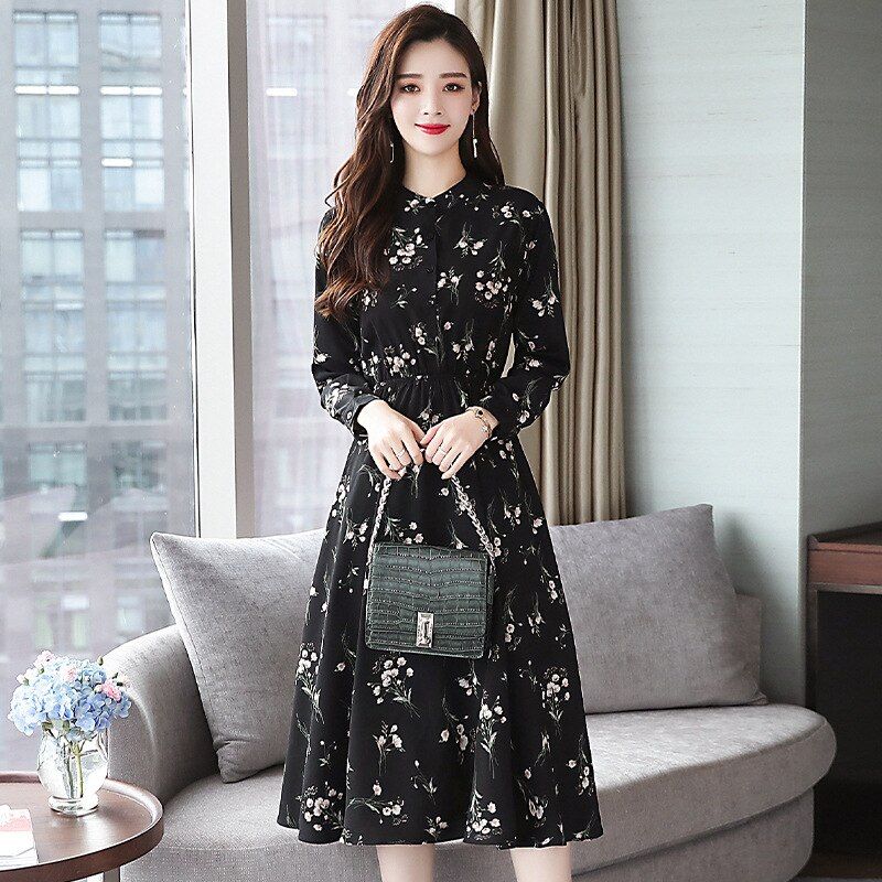 Vintage Long Sleeve Chiffon Elastic Waist Long Black Dress