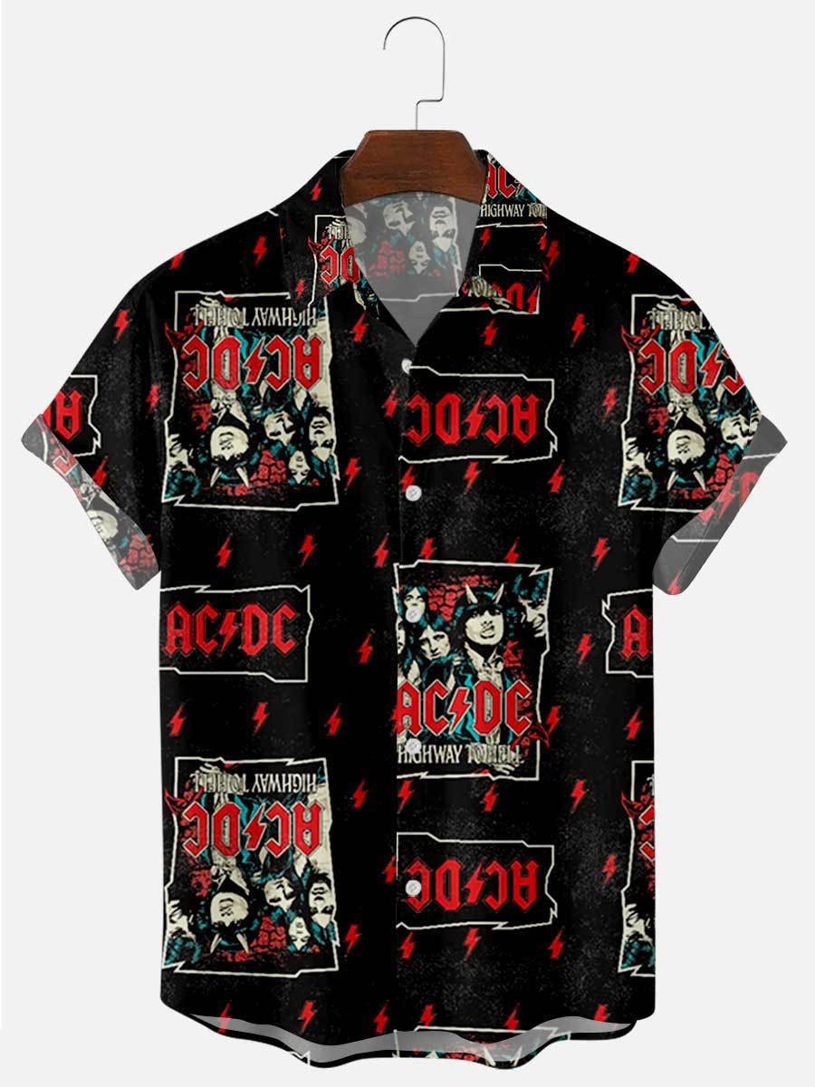 Mens Vintage Rock Roll Punk Print Lapel Casual Loose Short Sleeve Hawaii Shirt Ha62141