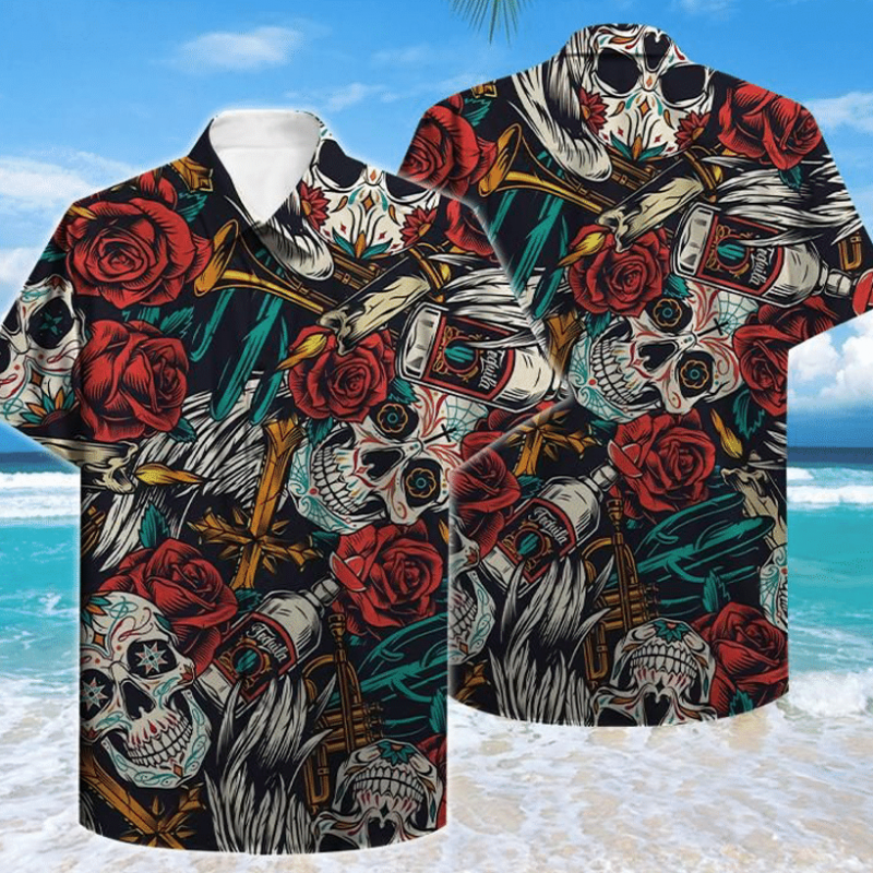 Skull Tropical Hawaii Iii Graphic Print Short Sleeve Hawaii Casual Shirt Ha1877