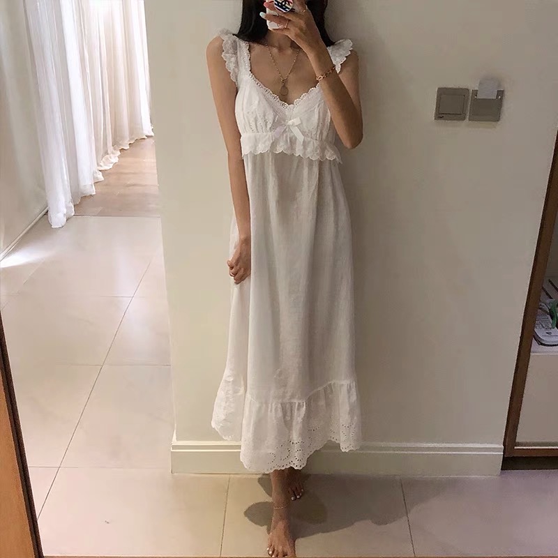 Summer Womens Princess Dress White Sleeveless Sleepshirts Vintage Lady Girls Nightgowns Nightdress Royal Style Pajamas Sleepwear alx