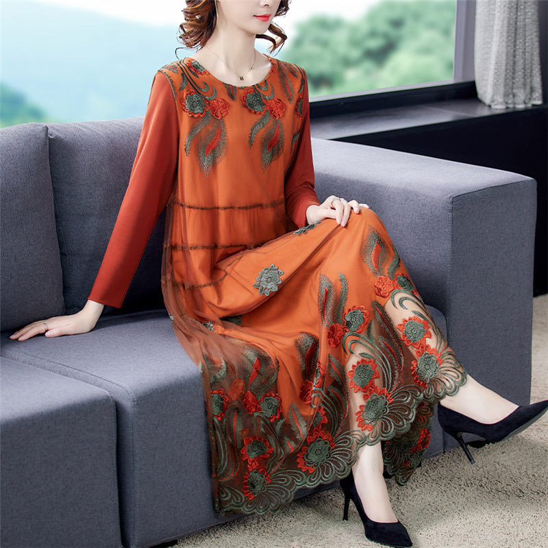 Autumn New Long Sleeve Dress Mid-Length Large Size Clothing For Women Embroidery Mesh Dress Fashion Hollow Flower Vestidos y370 alx