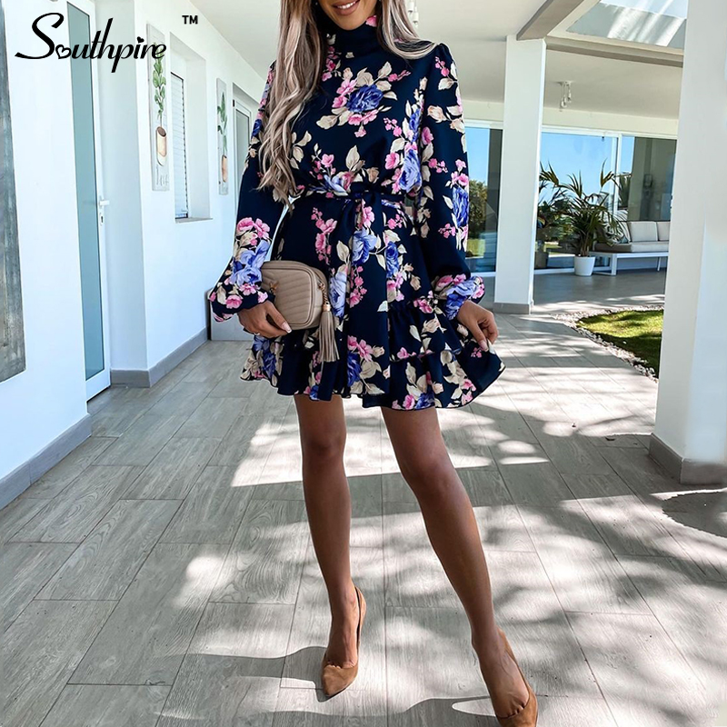 Southpire Women’s Navy Floral Print Loose Style Mini Dresses Long Sleeve High Neck Party Vestidos Autumn Casual Ladies Sundress alx