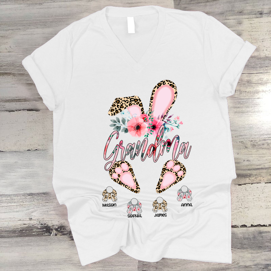 Personalized Grandma Bunny With Grandkids V-Neck