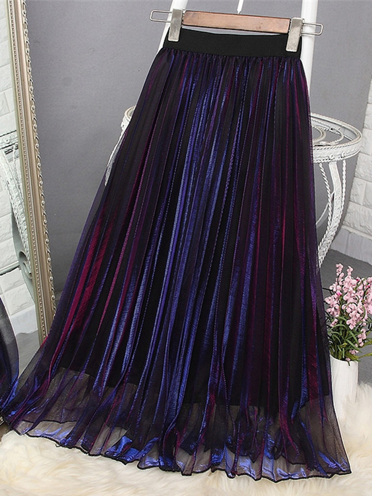 Summer Discolor Shine Gradient Pleated Long Gauze Skirt Metallic A-line Elegant Gradient Purple Green Maxi Long Mesh Skirts alx