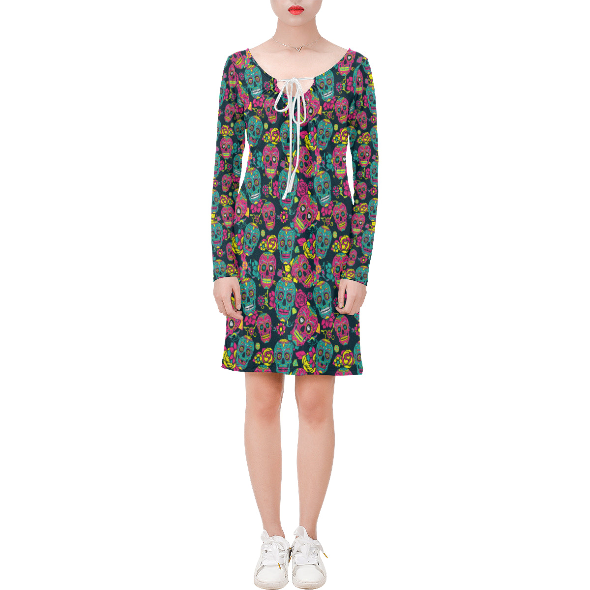Sugar Skull Floral Design Themed Print Long Sleeves Dress Donuink Store