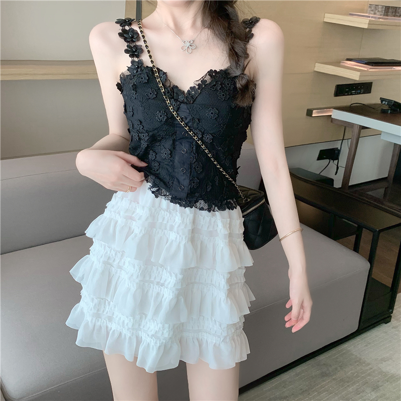 Two Piece Set Women Skirt Summer Women’s Outfits Fashion Lace Three-dimensional Flower Camisole + Western Layer Cake Skirt Suits alx