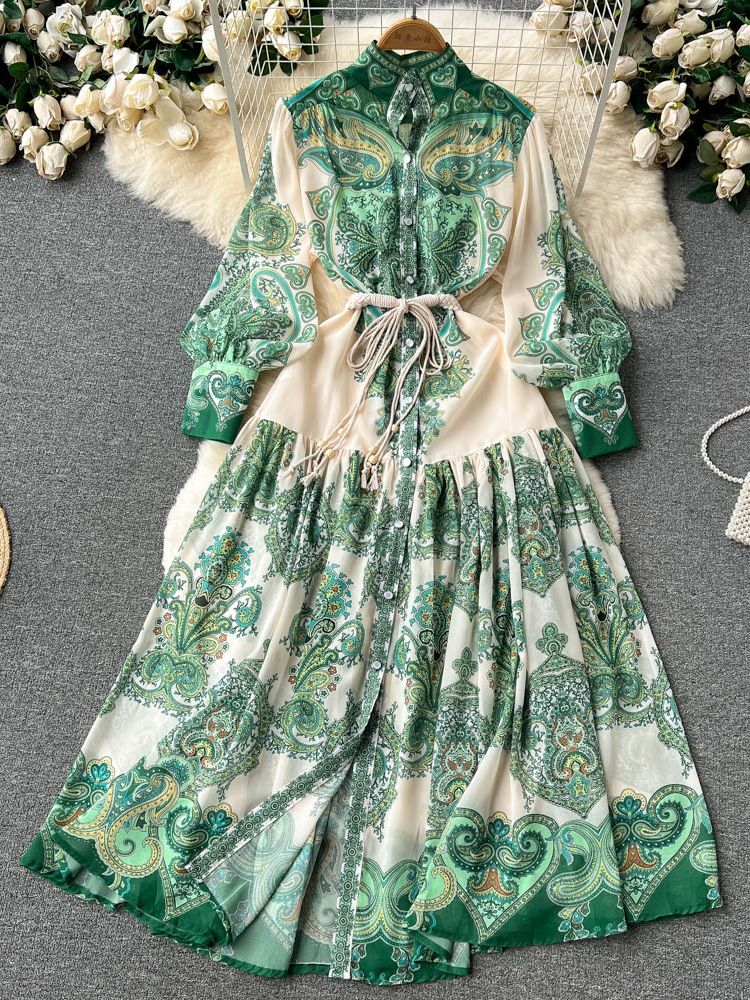 Autumn Fashion Designer Maxi Dress Women’s Turtleneck Lantern Sleeve High Split Belted Vintage Green Print Long Party Vestidos alx