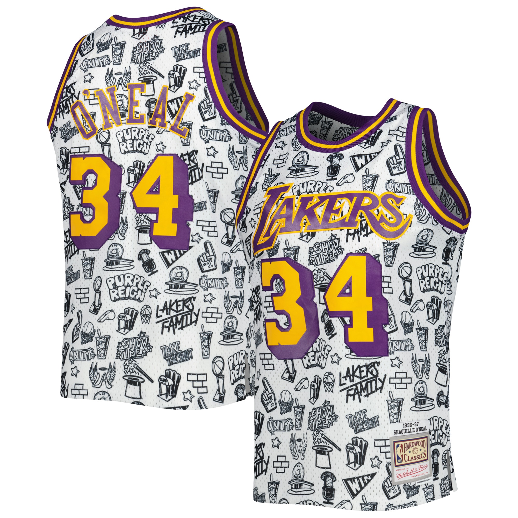 Shaquille O'Neal Los Angeles Lakers Mitchell & Ness 1996/97 Hardwood Classics Doodle Swingman Jersey – White