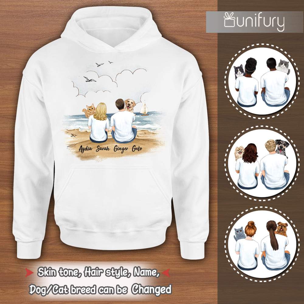 [Front Side] Personalized Hoodie Gifts For Pet Lovers – Hugging Dog, Cat – Couple Beach