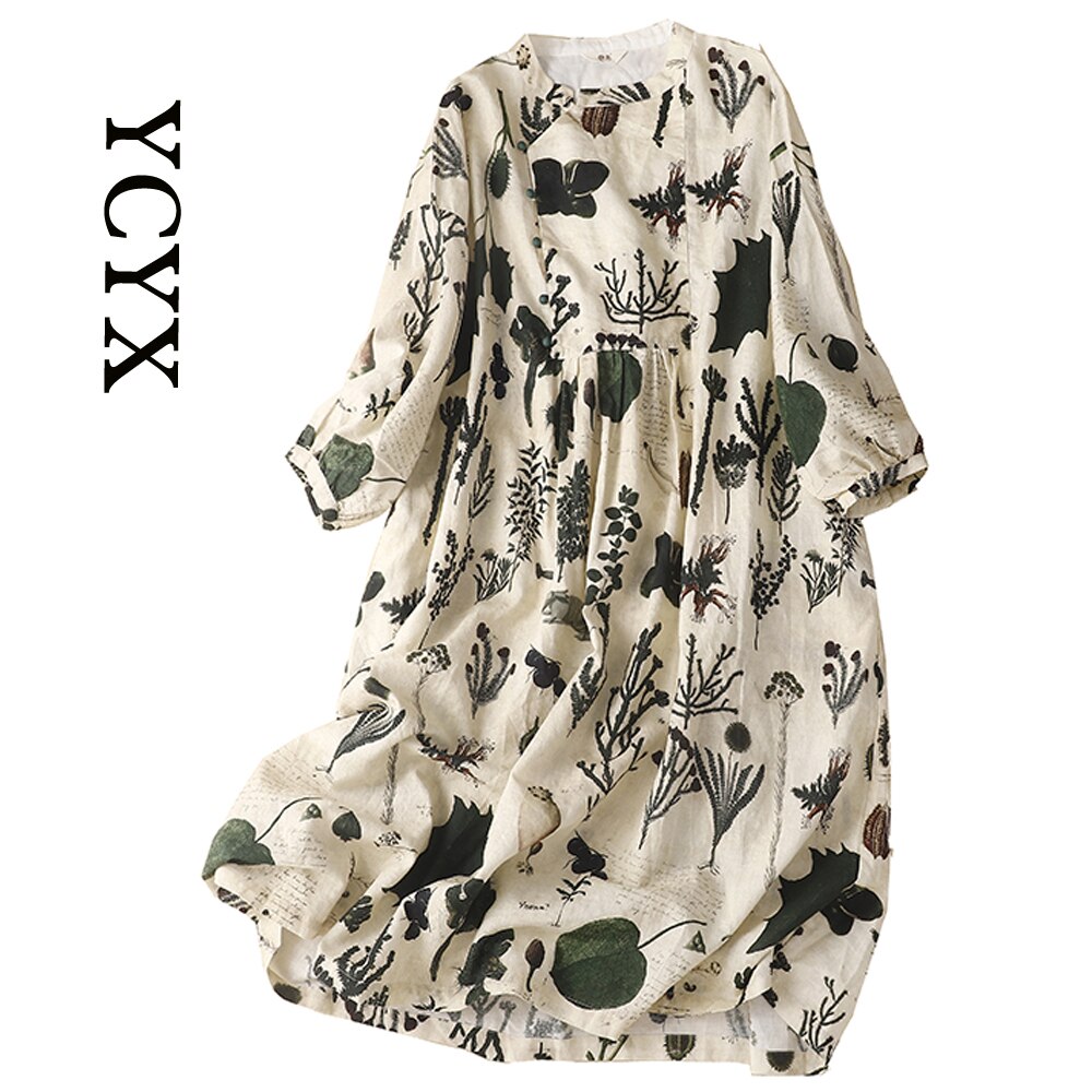 YCYX women cotton and linen long dress Mori printing dyeing five-point sleeve dress Casual Comfortable Women’s Long Dress YCYX05 alx